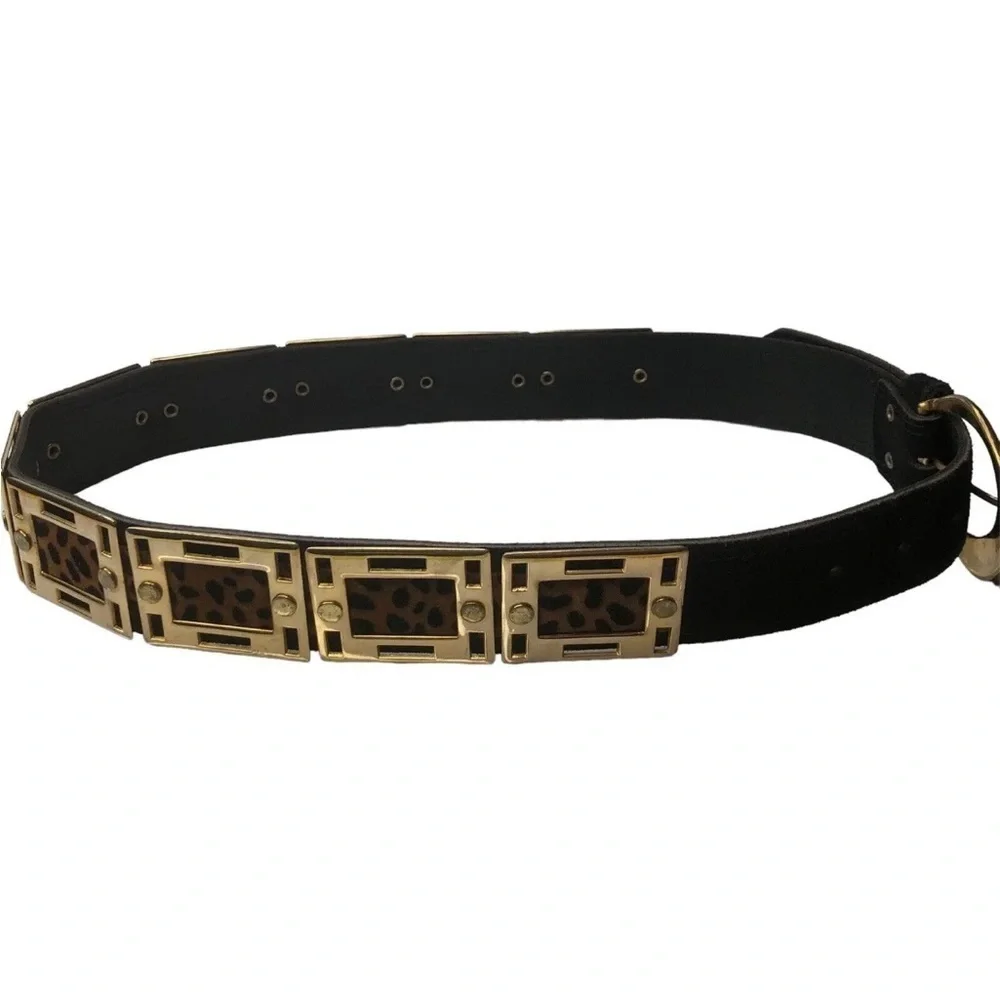 MVtg Benjo Womens Belt Black Leather Animal Print Gold Metal Squares Studs